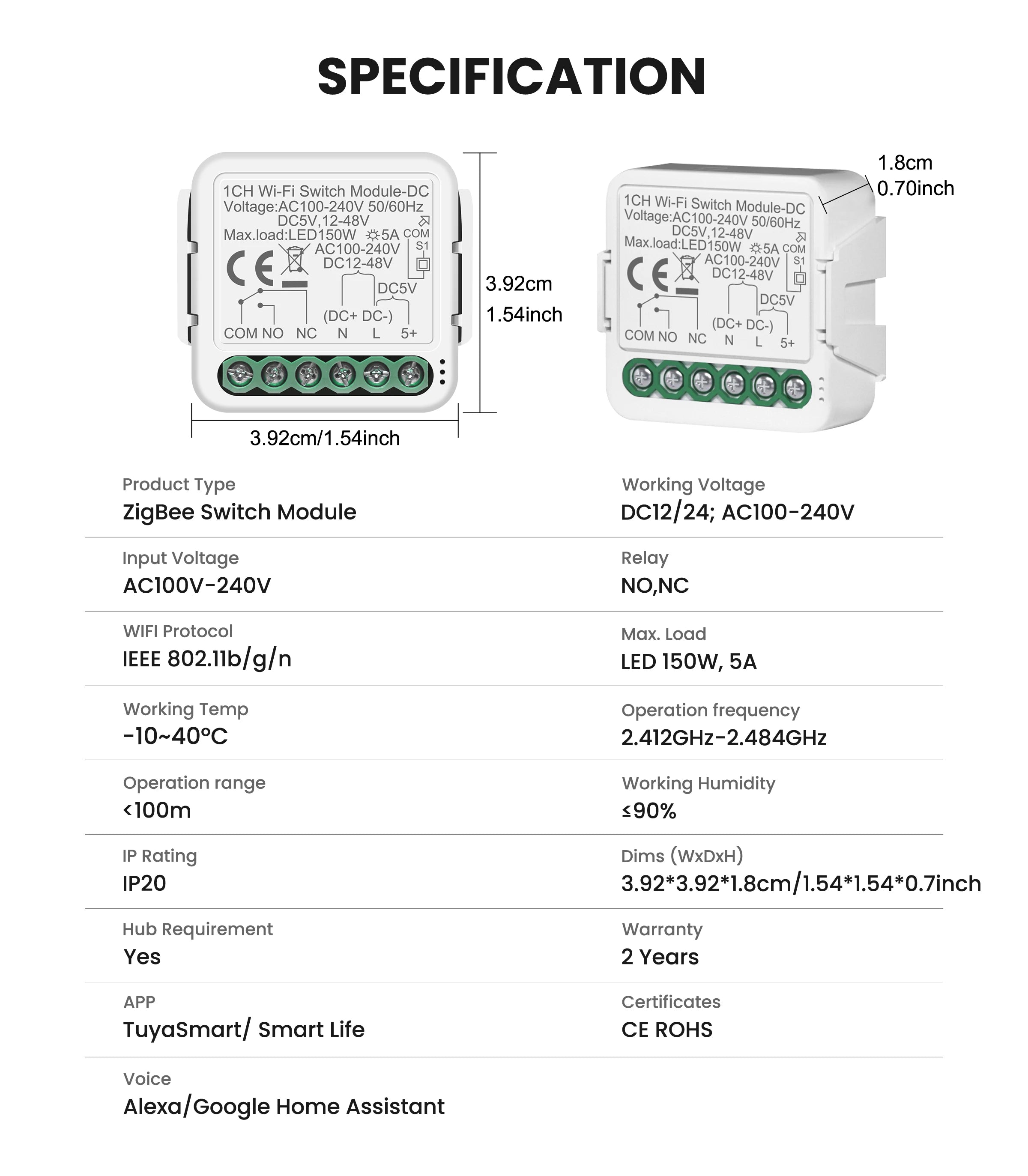 Módulo Interruptor Inteligente Tuya ZigBee/Wi-Fi – Controle Seco 1CH/2CH