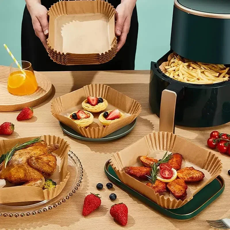 Papel Antiaderente Descartável para Air Fryer e Forno – Antigrude e Ecológico
