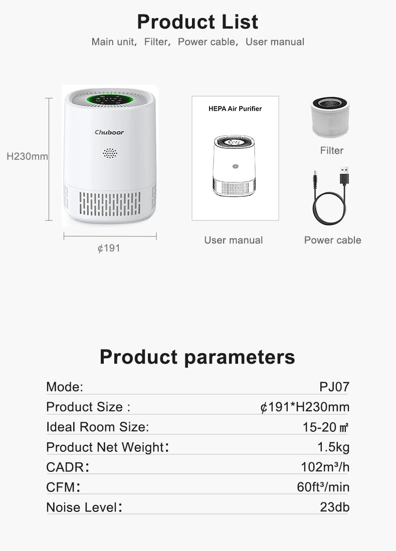 Purificador de Ar para Pets Chuboor PJ07 – Filtro H13 HEPA com Wi-Fi e App
